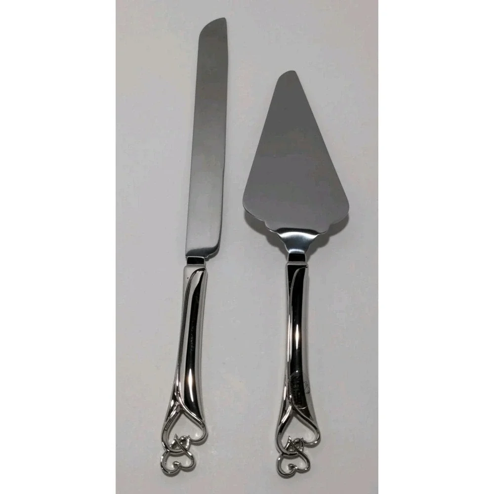Wedding Promises Cake Knife & Server Set - Double Heart Design - Stainless Steel